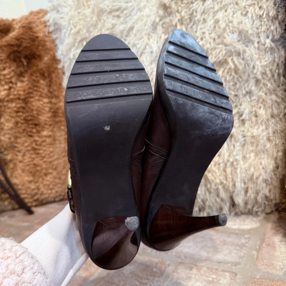 Brown Leather Gold Buckle Heeled Ankle Boo… - Picture 10 of 12